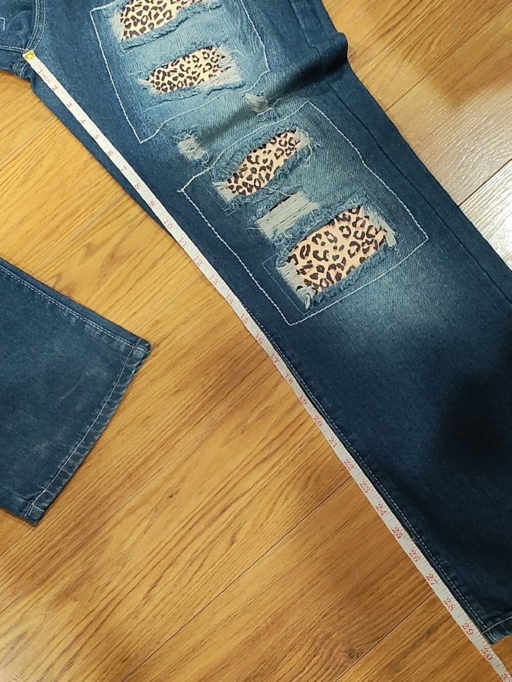Source Unknown Dark Blue Distressed Boyfriend Jeans with Leopard Inserts - Picture 5 of 7